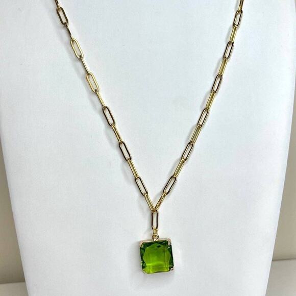 NEW Paperclip Chain Necklace 16" 18" 20" Green Faceted Glass Pendant Trendy J183 - Picture 3 of 5